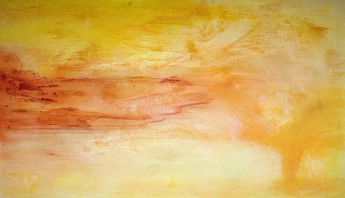 A wash of yellow and orange laid over a pale ground, a band of rust running through the middle