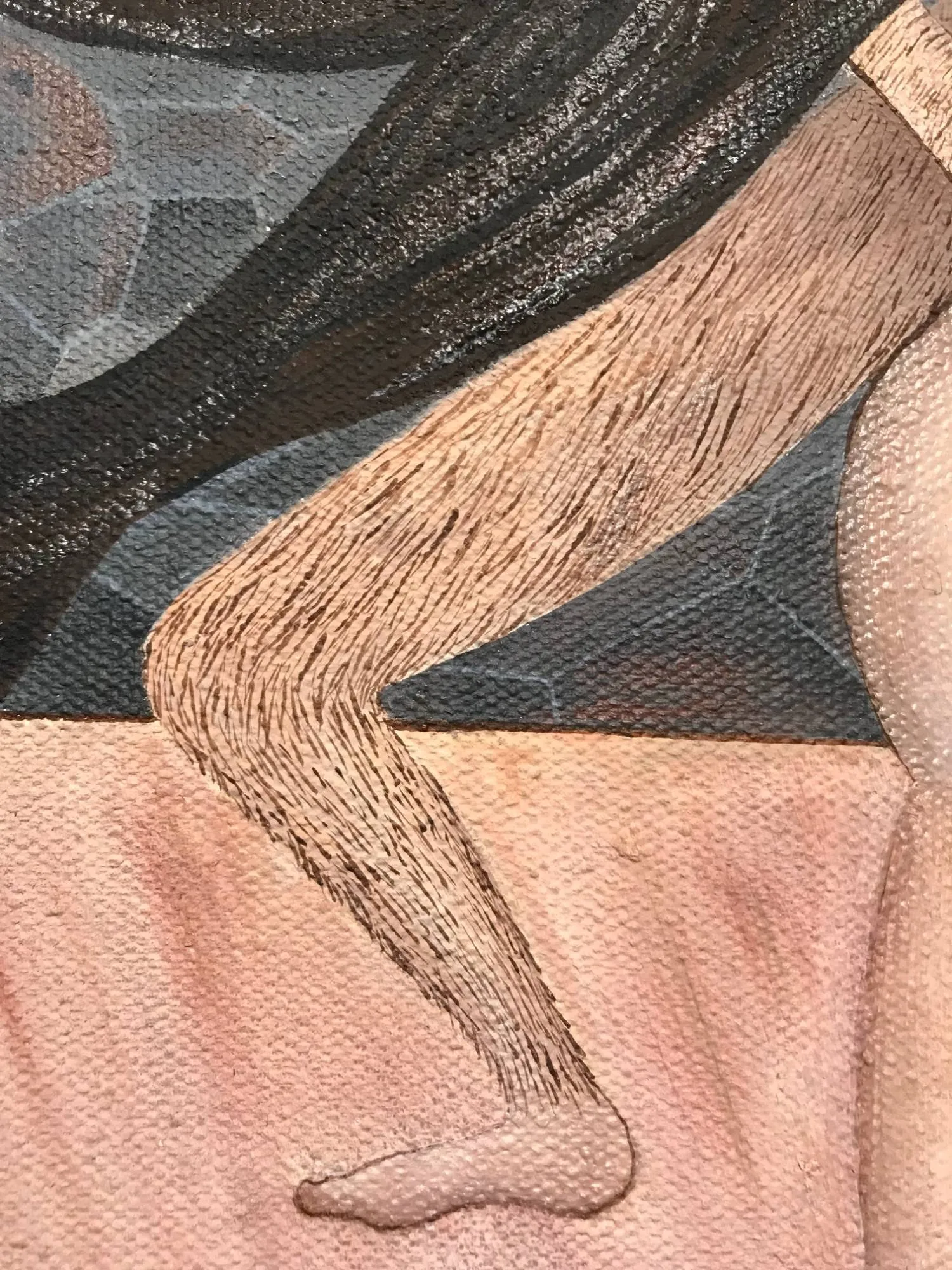 Detail of the painting, a long fall of black hair crossing a bare leg against the grey stone hearth