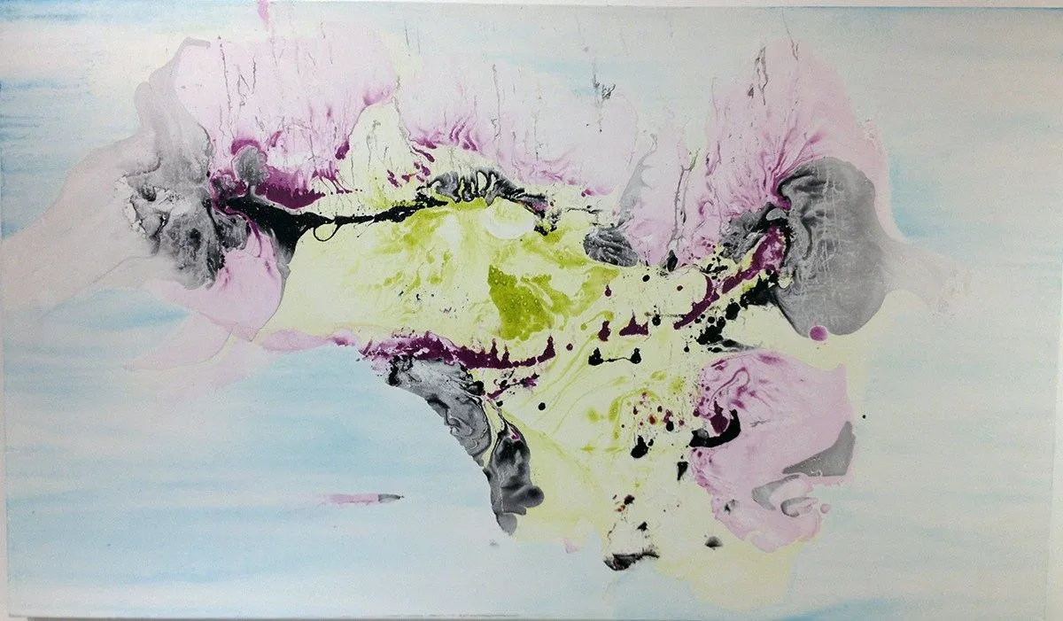 Pink, yellow and grey pooling and blooming across a pale blue field, veined with black and magenta