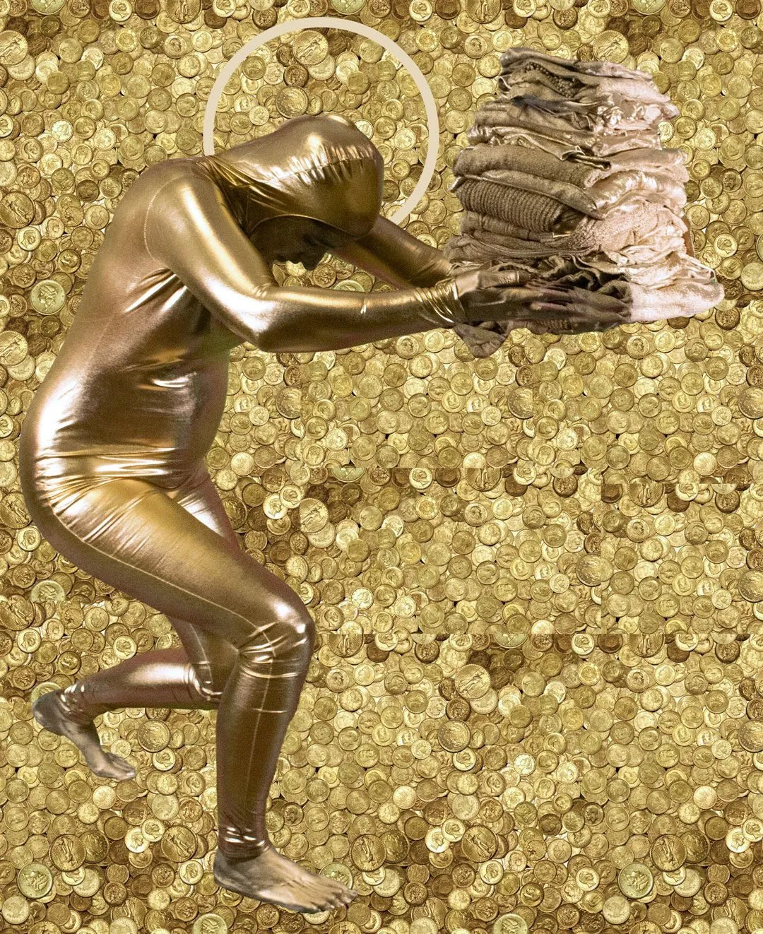 A gold-painted figure bent under the weight of a stack of folded laundry, carrying it across a field of gold coins, a thin halo ringing her head
