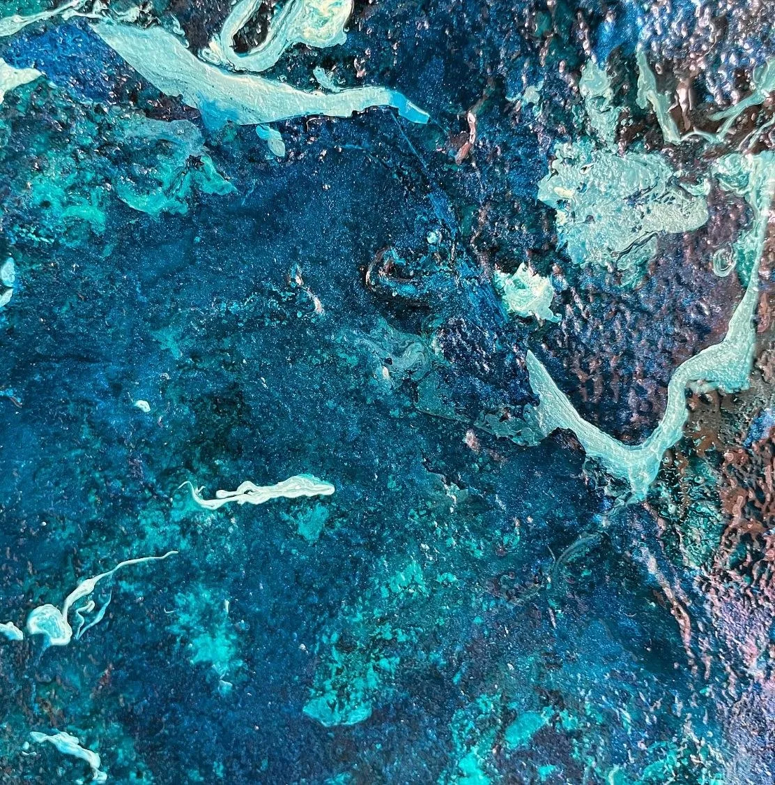 Detail of the same painting, the deep blue field crazed with turquoise and threaded with pale green