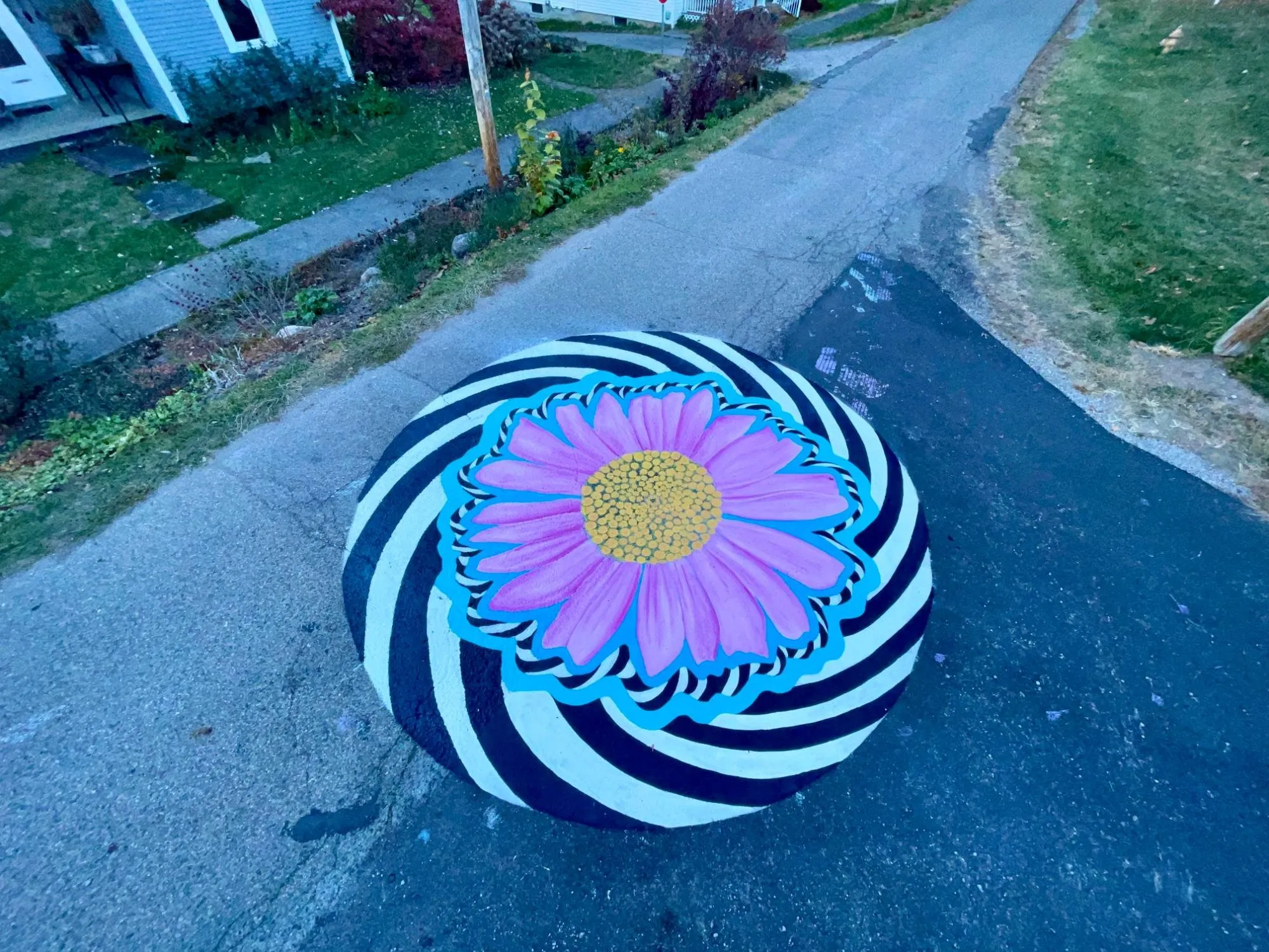 A circular flower mural painted at a village intersection, with houses and sidewalks beyond