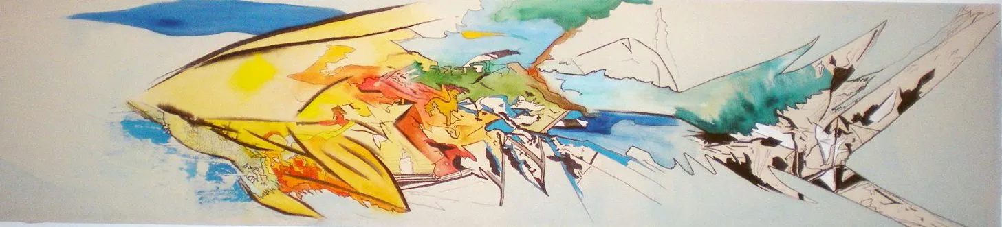 A long horizontal painting, yellow and orange forms breaking into blue and green across a pale field