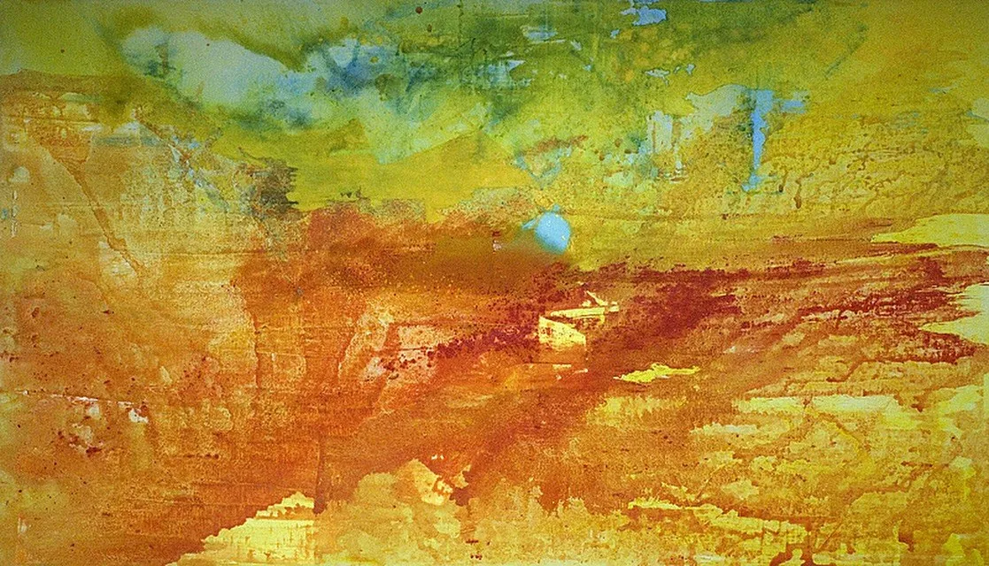 Green and yellow above, rust and ochre below, with pale light breaking through the center
