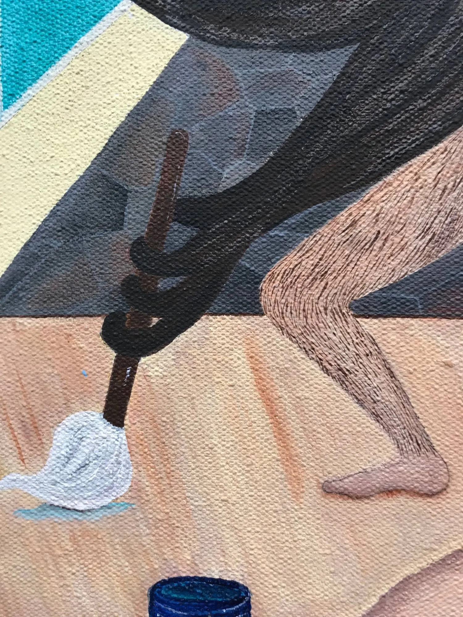 Detail of the painting, a long arm reaching down through the hair to work a mop across the floor