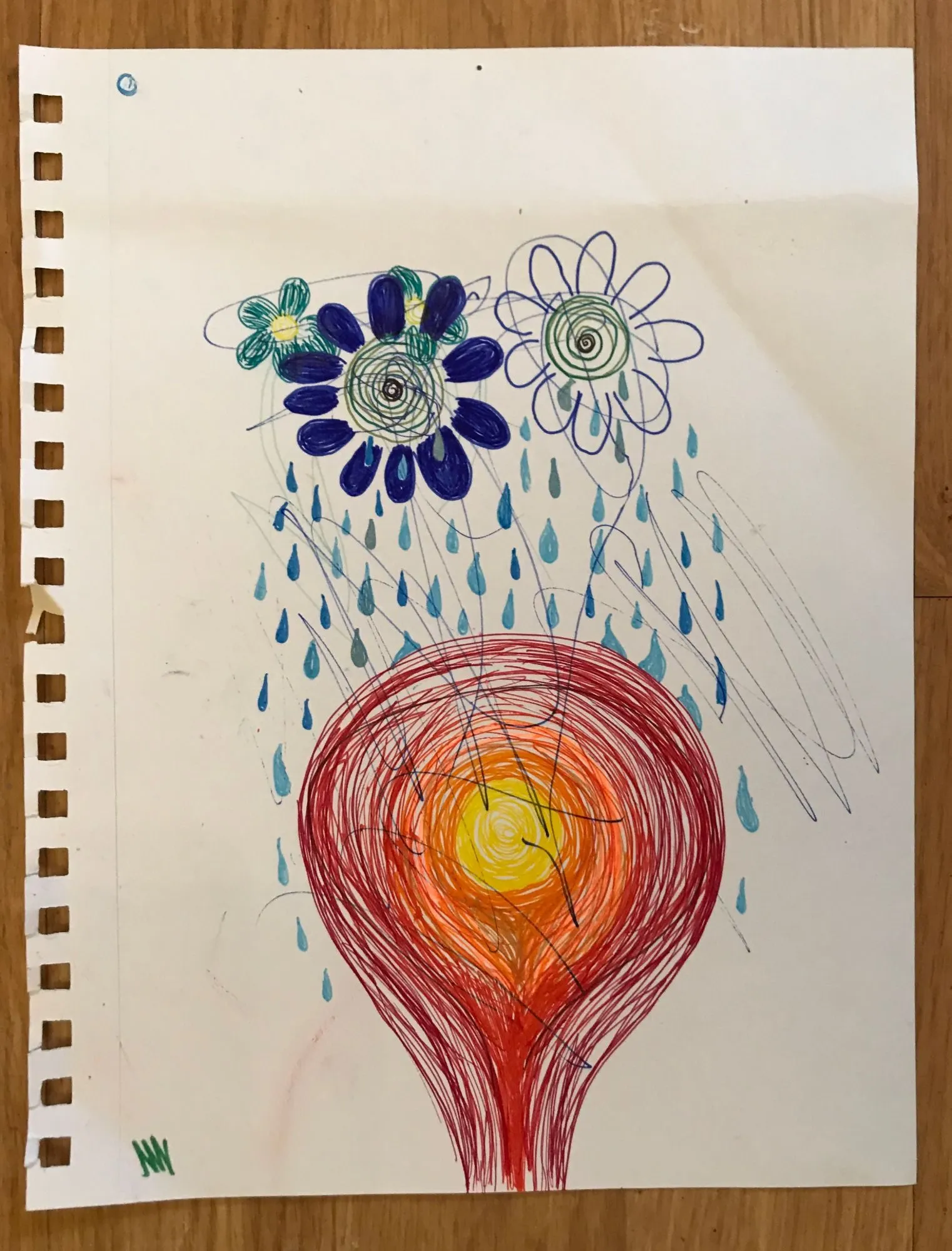 A marker drawing of the same image on notebook paper, dark flowers raining down over a red and yellow bulb