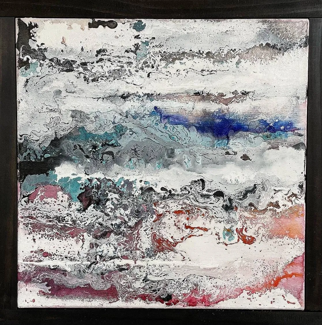The second painting in its dark frame, black and teal breaking into white foam over fields of plum and red