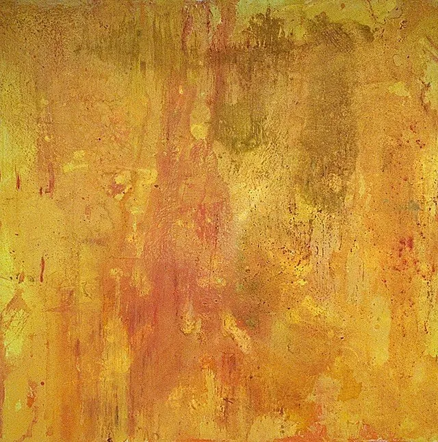 A square field of gold, mottled with red and olive