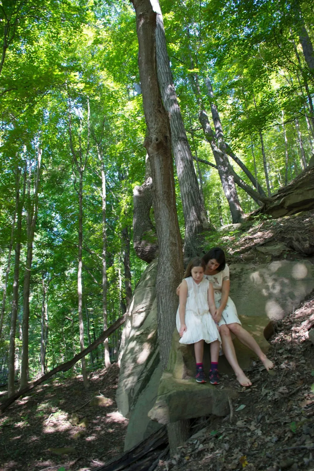 Seated on the rock with my daughter leaning back against me, tall trees rising behind us