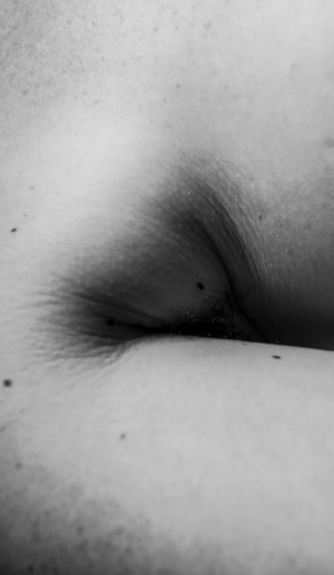 The hollow of an underarm, the skin creased where the arm meets the body