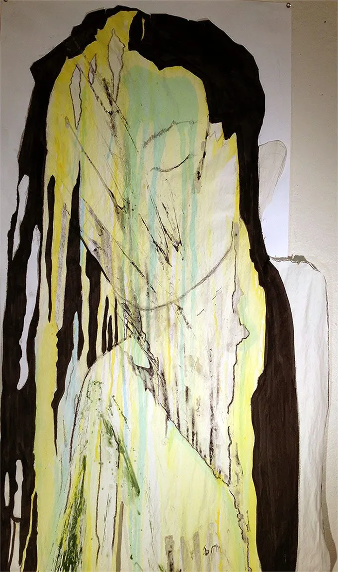 Detail of the tall panel, the black edges bleeding down over pale yellow and green