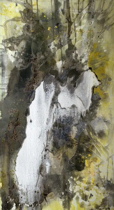 A tall panel, a pale white form rising through grey and black with yellow at the edges