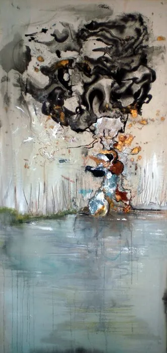 A tall panel, a dark bloom of black and gold spreading above a pale grey-green expanse of water