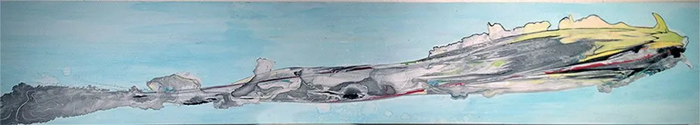 A long horizontal panel, a grey and yellow form streaming across pale blue water