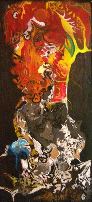 A tall panel, a burst of red, orange and yellow rising out of a grey and black mass against a dark ground