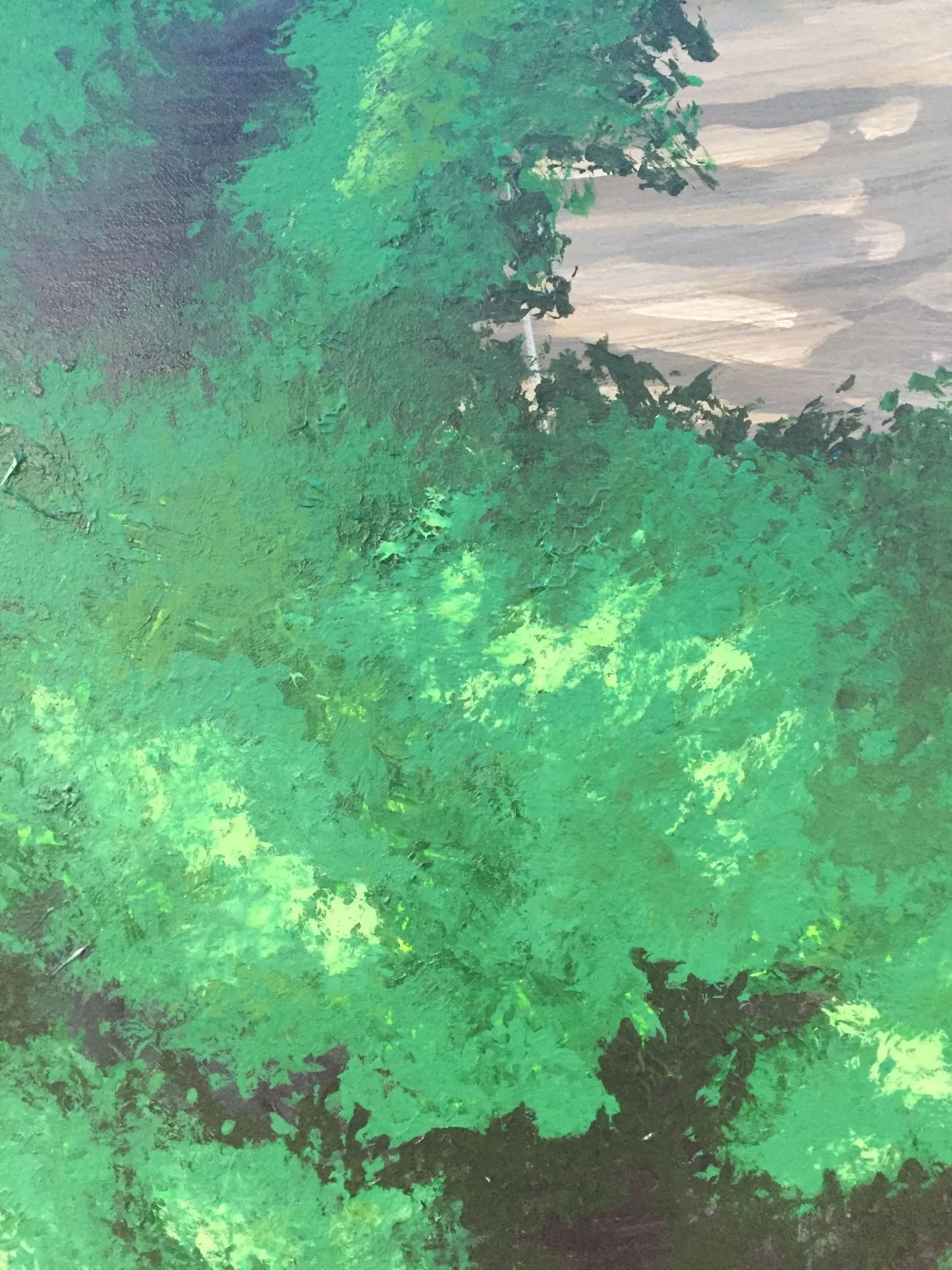 Close up of the painted foliage, layers of light and dark green worked wet into wet