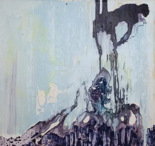 Pale blue washed ground with dark violet forms breaking downward into a band of indigo along the bottom