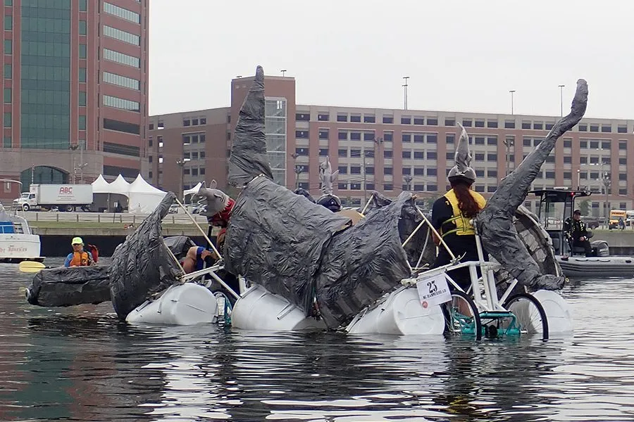 The shark out on the open water, city buildings behind it