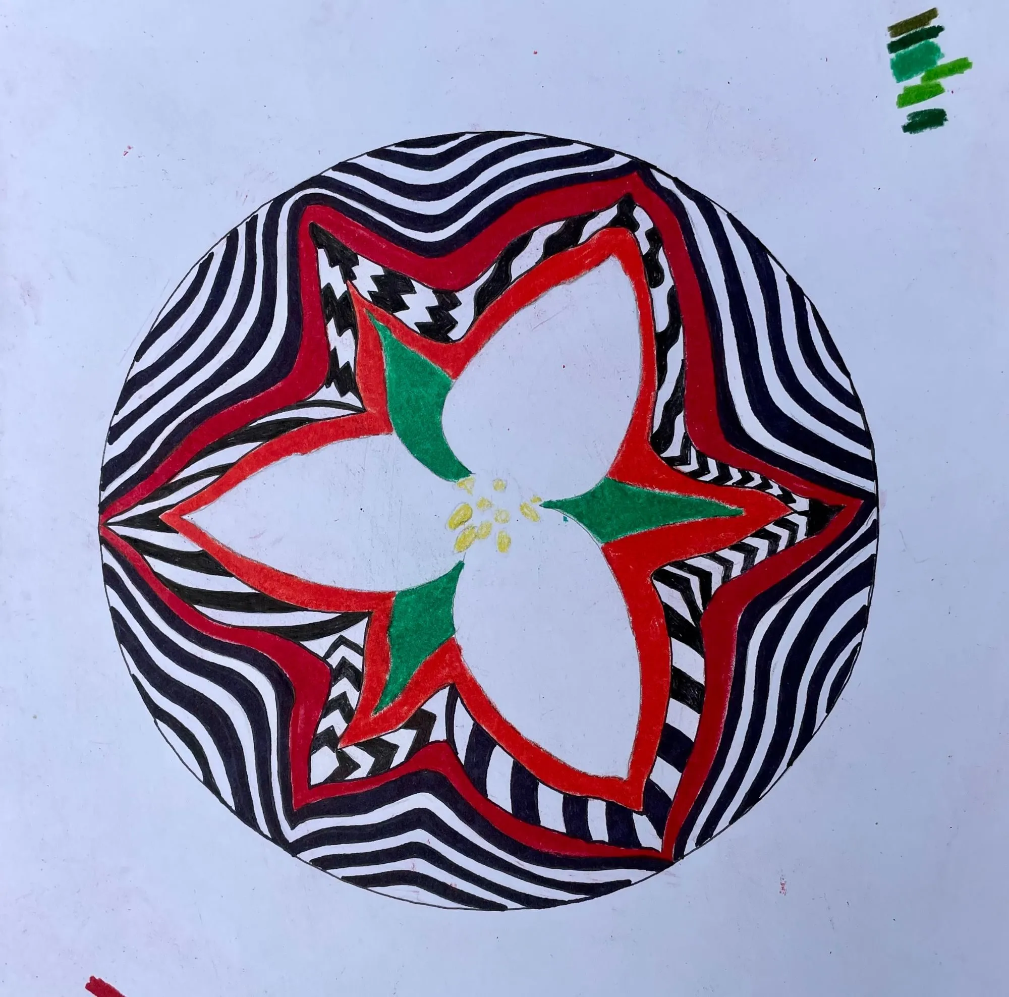 Hand-drawn concept design of a white trillium outlined in red, with green leaves and black-and-white striped rings