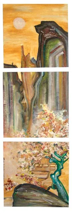 Three stacked panels: a pale sun over an ochre sky, a canyon wall streaked with green, and a green tree standing on a dark ledge
