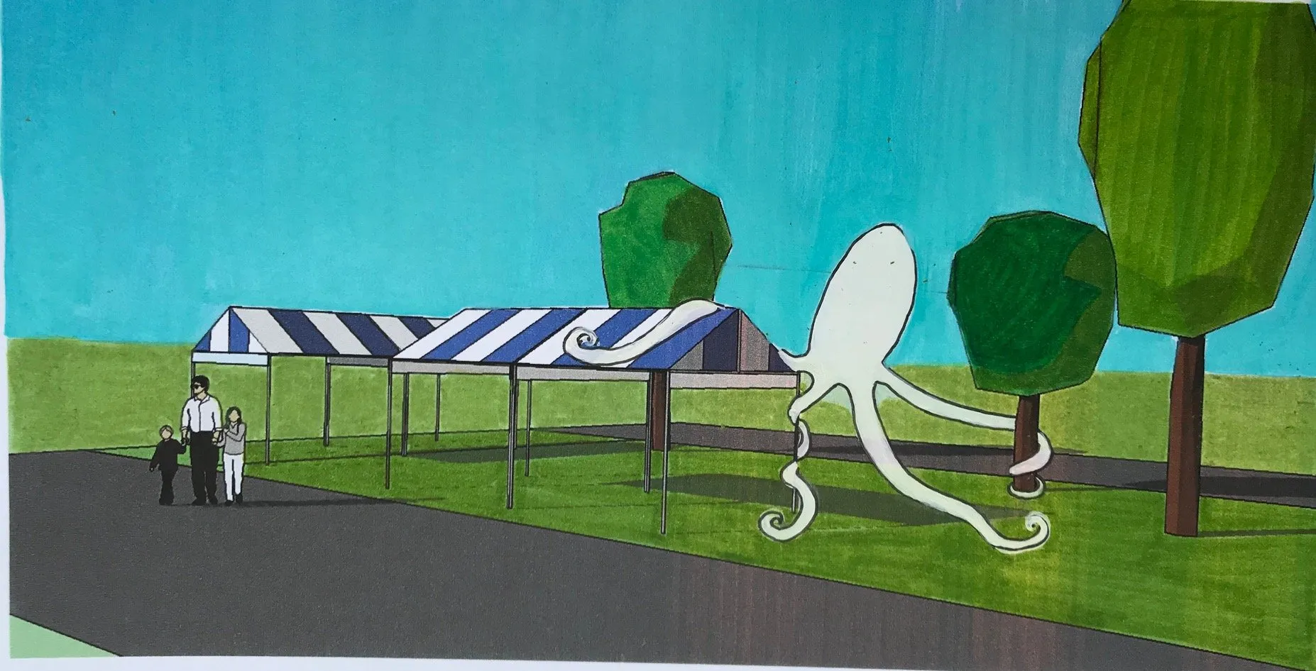 Mock-up drawing of the octopus on the festival lawn, one arm curling over a striped tent while a family walks past on the path