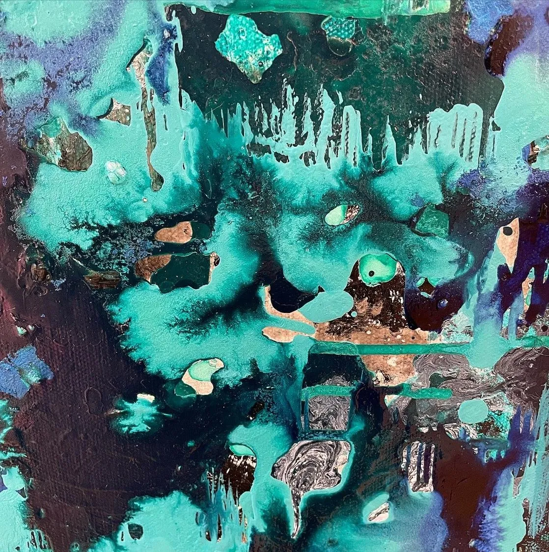 Detail of the third painting, the turquoise feathering out into the dark and pooling into small bright islands