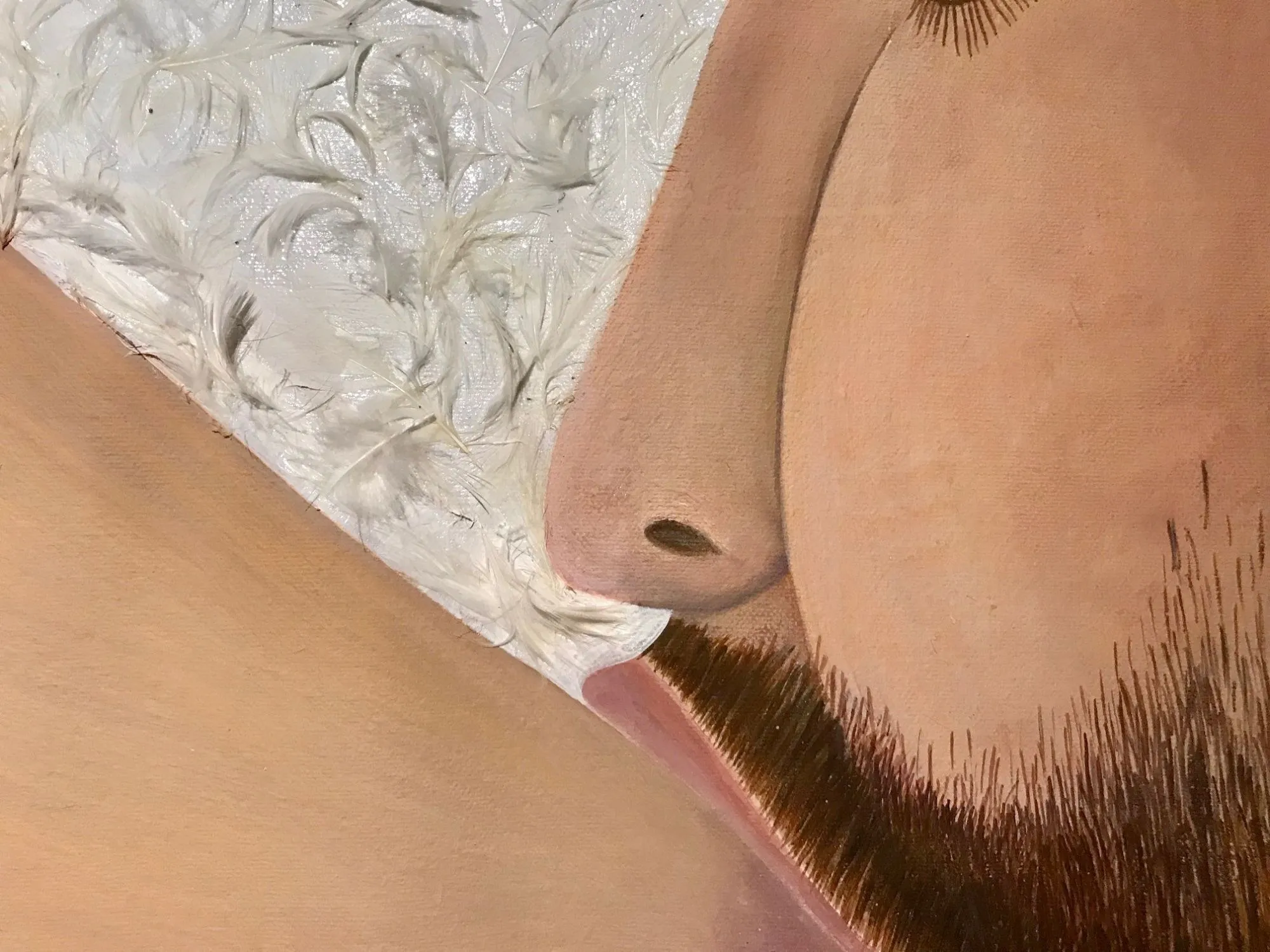 Detail of the right canvas, the bearded chin and nose against thick white paint worked into swirls
