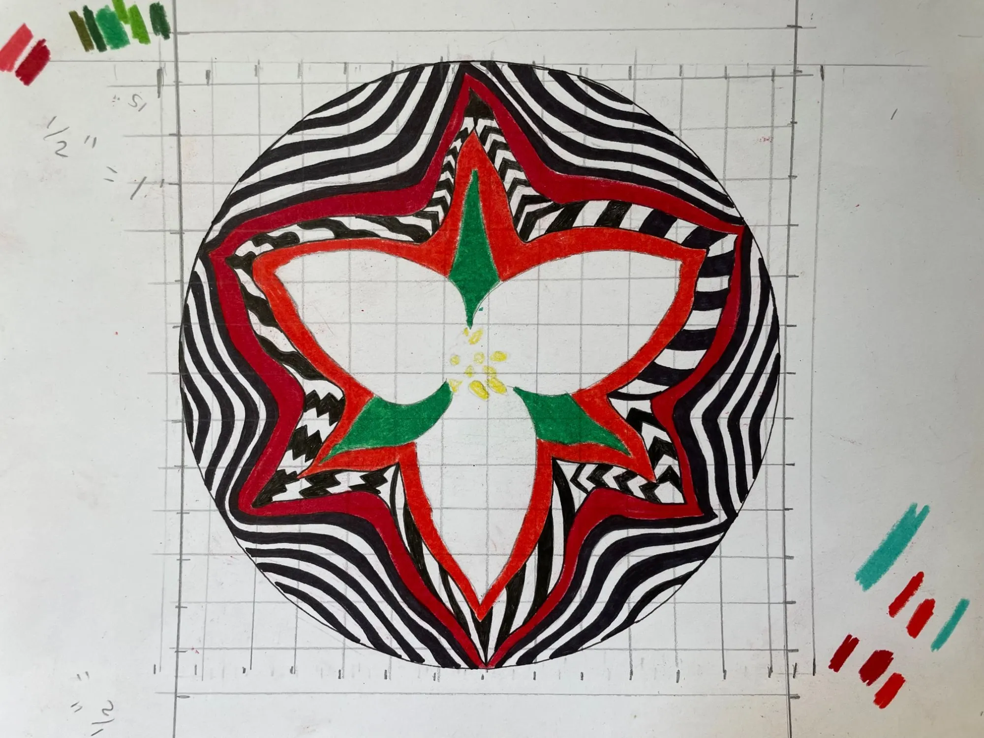 The same trillium design drawn over a measured grid, with dimensions marked in the margins