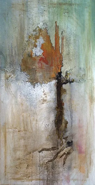 A tall panel of teal and cream, an orange bloom opening at the top of a rust-dark column