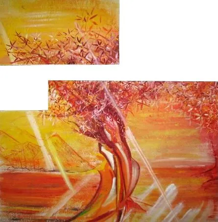 Two paintings of a red tree against a field of orange and yellow, its branches breaking into small starred leaves