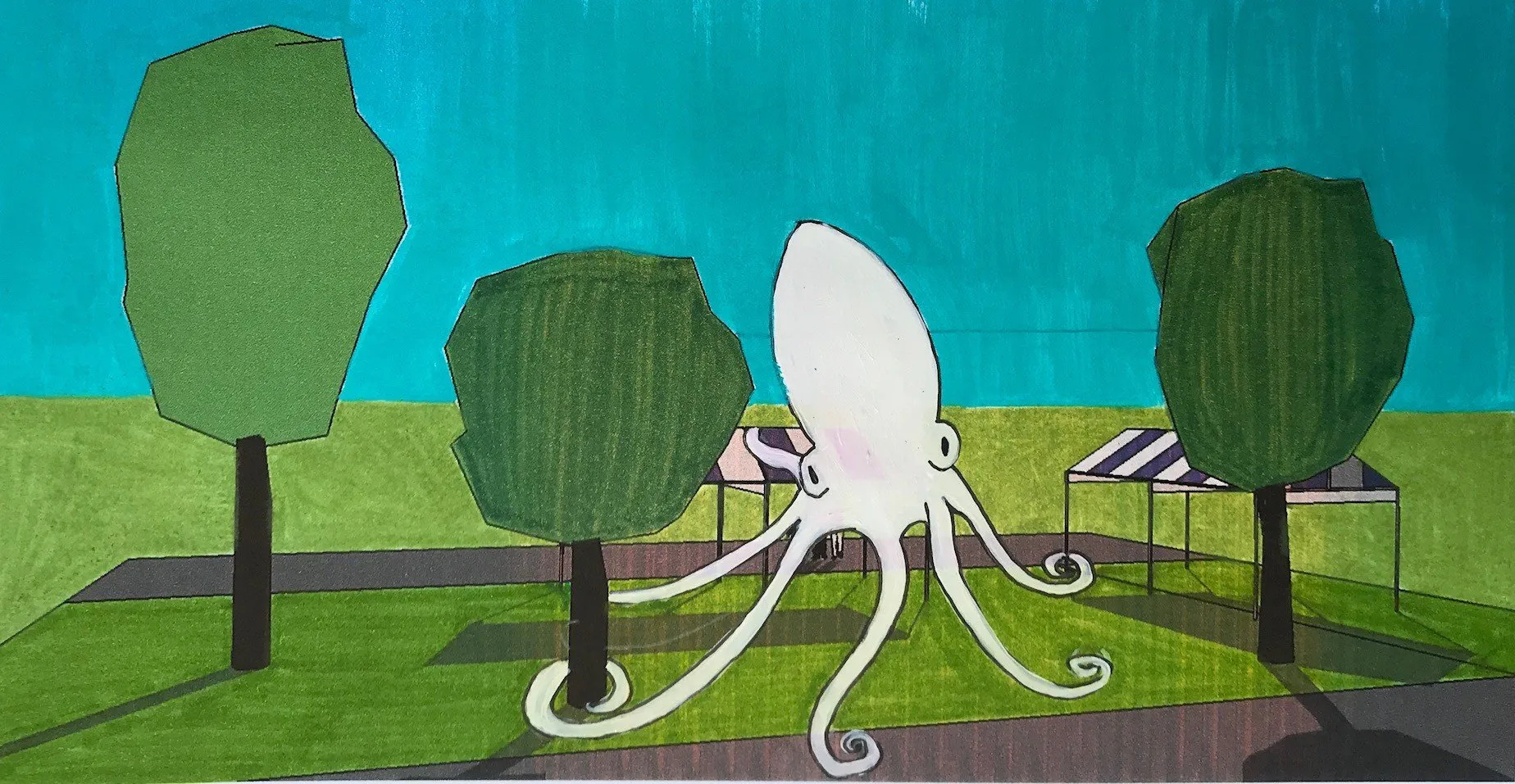 Mock-up drawing of the octopus standing among the trees, arms curling down to the grass, tents behind it