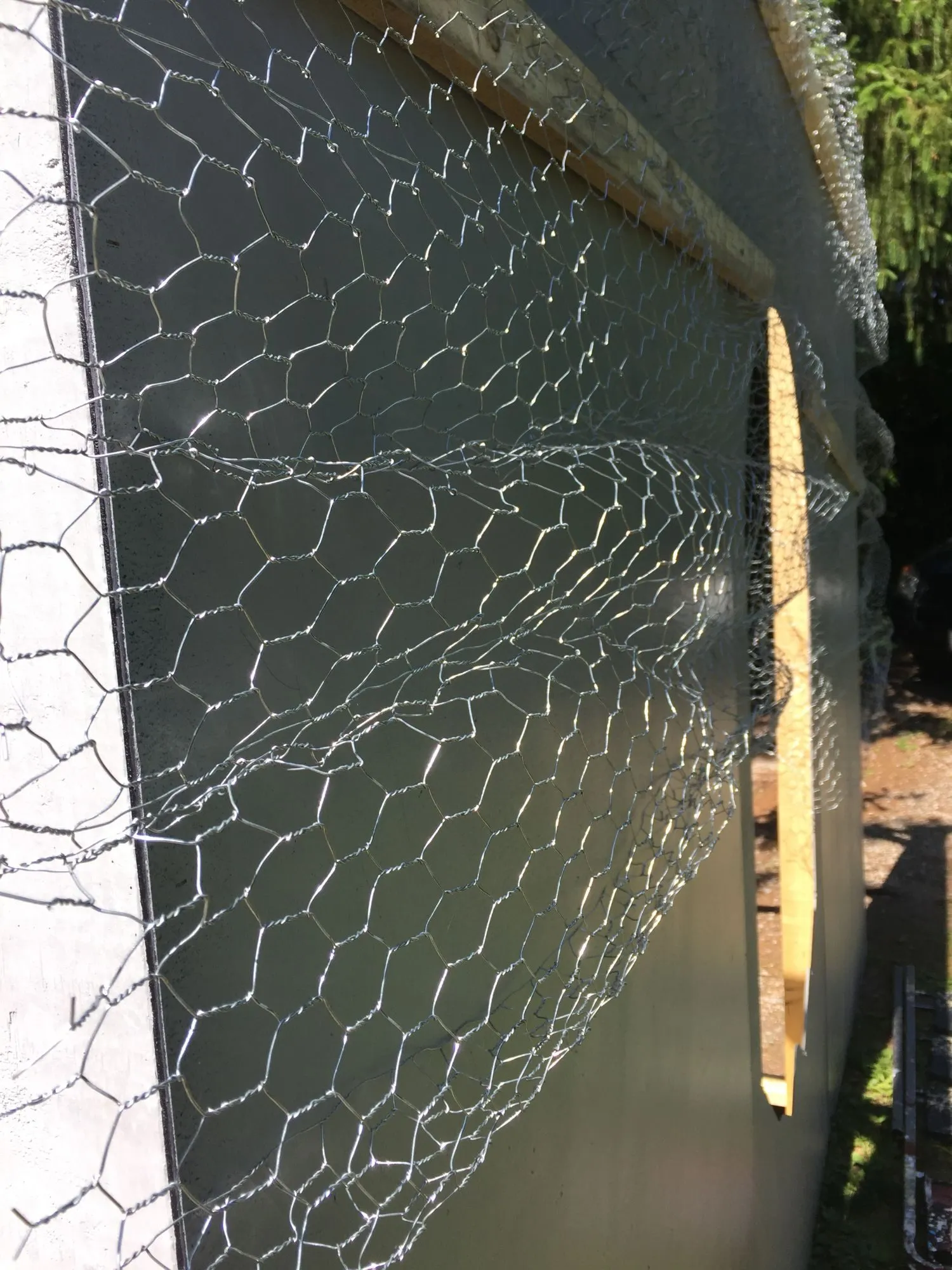 Chicken wire pulled out from the painted panel, catching the light