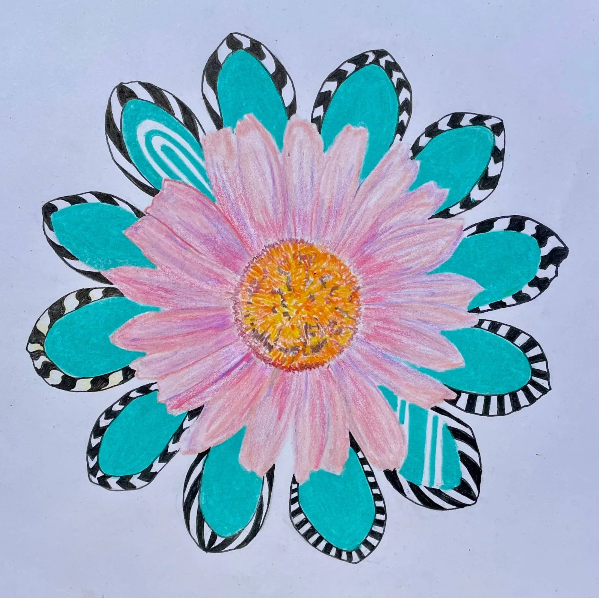 Hand-drawn concept design of a pink coneflower with a golden center, backed by teal and striped petals