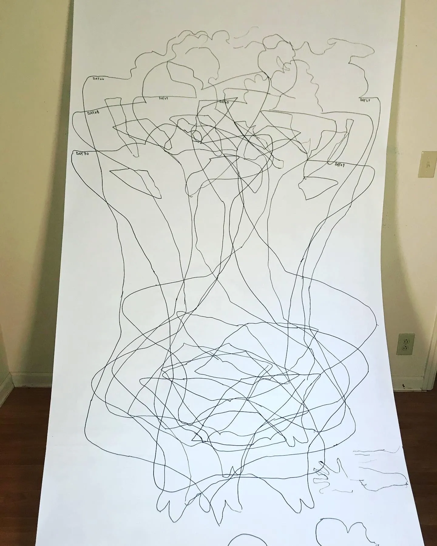 A dense tangle of contours, Day 64 through Day 70, the lines pooling into a knot at the center