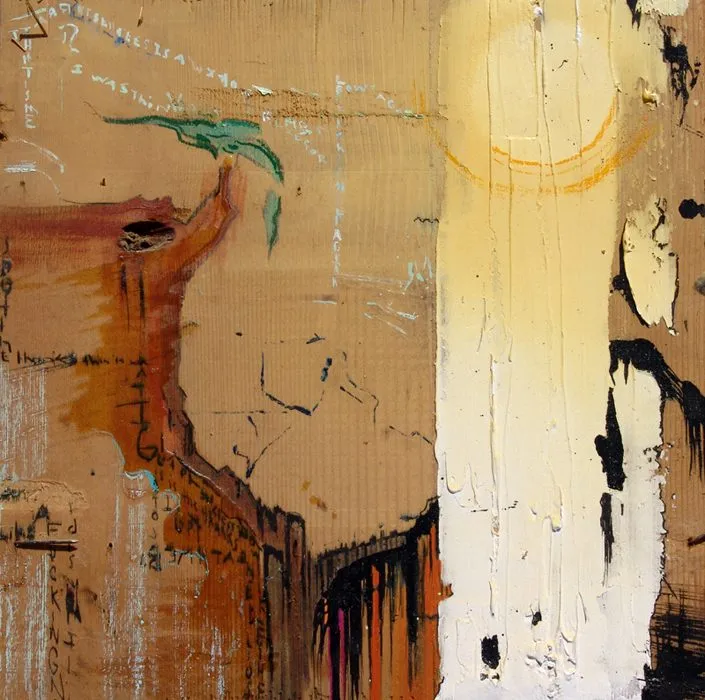 A worked surface of tan and ochre, scratched writing across the top, a thick white column of paint falling down the right side