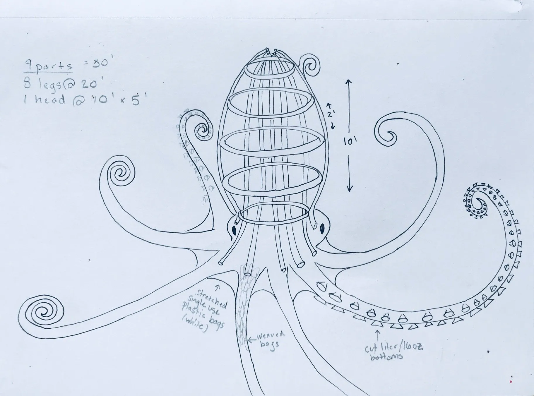 Ink drawing of the octopus frame, noting nine parts across thirty feet — eight arms at twenty feet and a head ten by five — with the head drawn as hoops and ribs, arms skinned in stretched white plastic bags and suckers cut from bottle bottoms