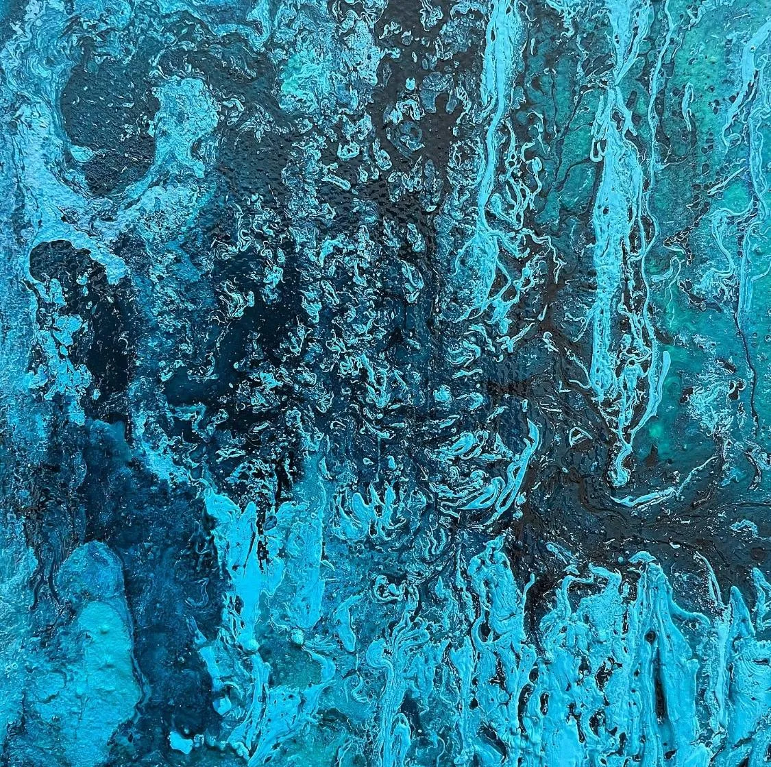Detail of the fourth painting, bright blue lacing over a dark ground