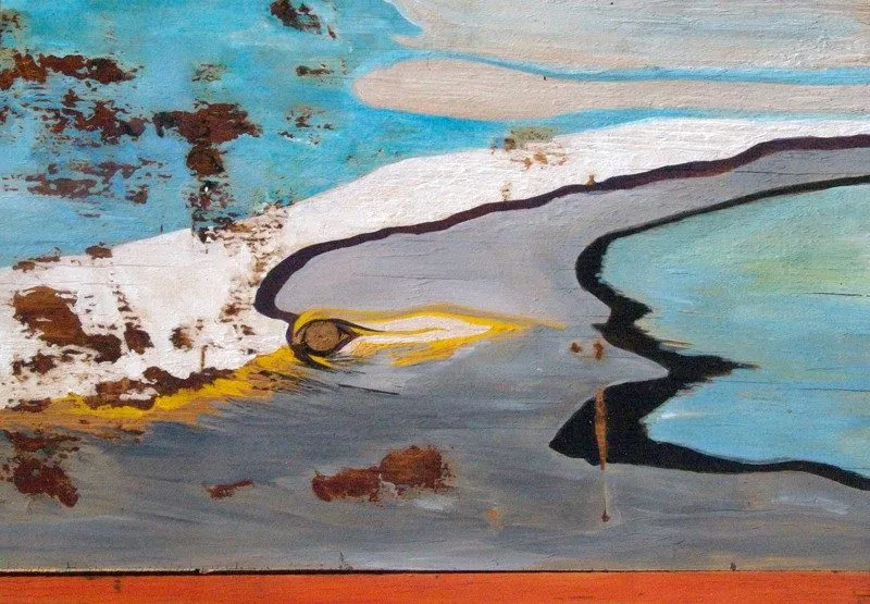 Painted on board, a black line curving through grey water between pale sand and turquoise, the wood grain showing through