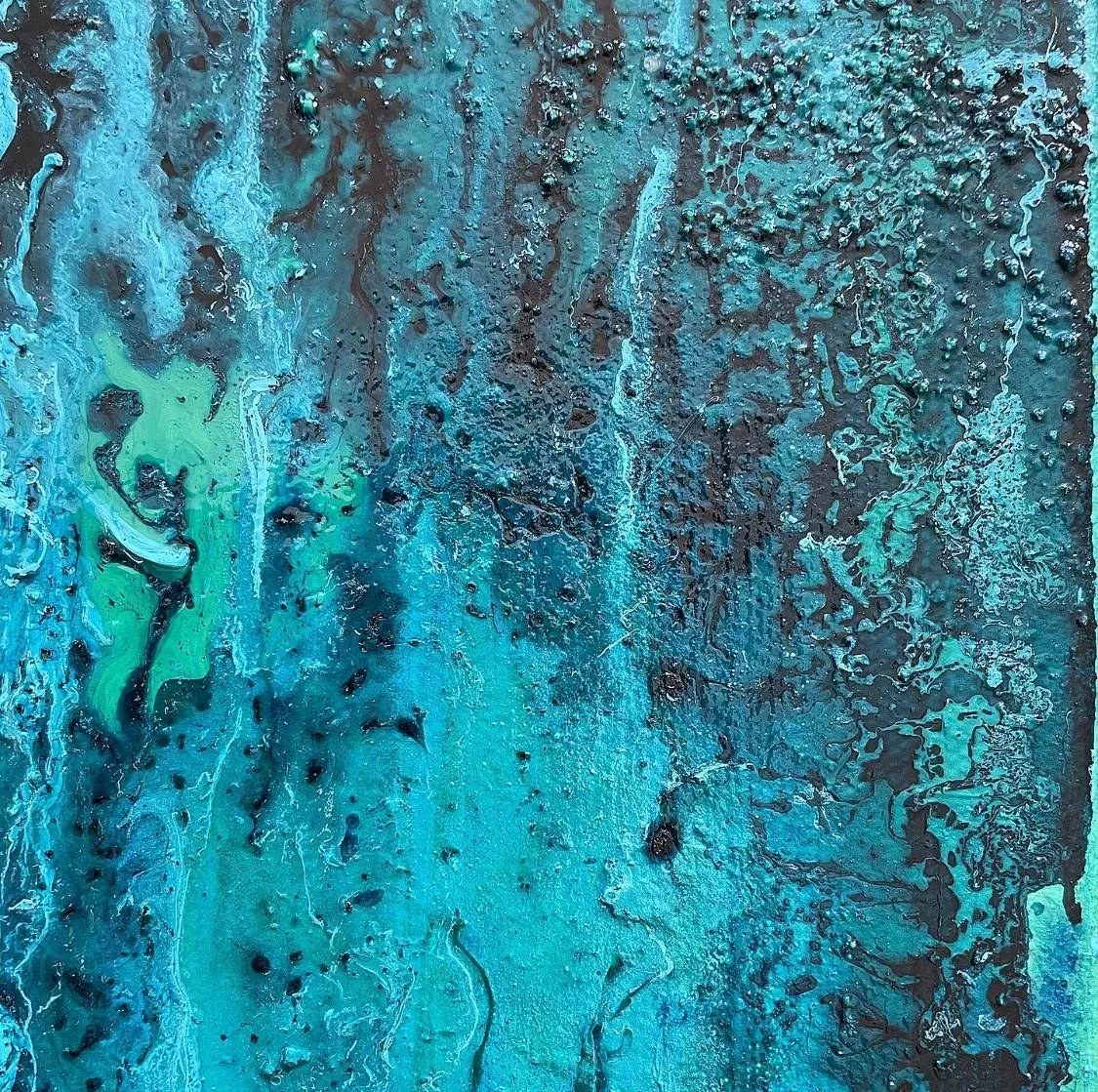 Detail of the fourth painting, green surfacing through the blue at the left edge