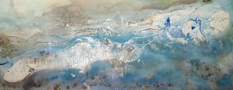A pale blue and white expanse, a bright cracked ridge running across it like ice breaking over water