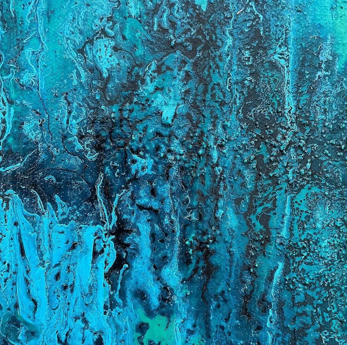 Detail of the fourth painting, the poured paint falling in long vertical runs