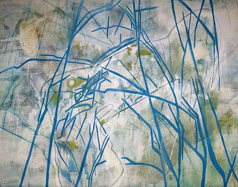 Blue reeds and bare branches drawn across a pale ground of green, grey and ochre