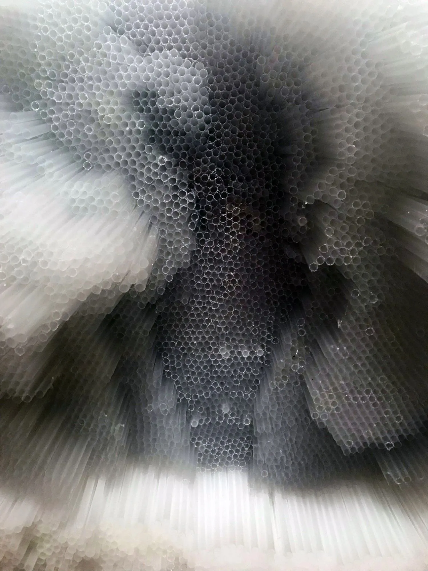 The straw surface in cool grey light, the channels reading dark against the pale tubes